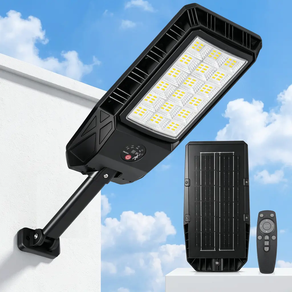 Outdoor Solar Street Light with Remote Control, IP65 Waterproof LED Motion Sensor Security Light, 3 Lighting Modes for Yard, Garden and Driveway street garage