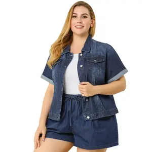 Plus Size Button Front Crop Short Sleeve Denim Work Jean Jackets