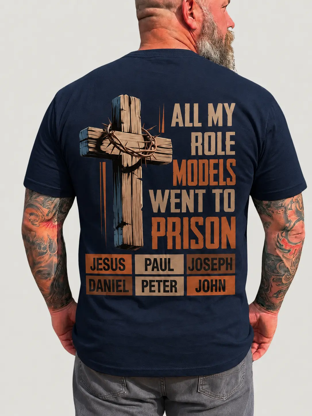 All My Role Models Went To Prison Bible Characters Cross Graphic T-Shirt Gift for Dad Husband Grandpa Men Clothing Summer Clothes Retro 70s Grunge Vintage Funny Quote Tee Y2K Streetwear Daily Casual Menswear Dark Humor Short Sleeve Printed