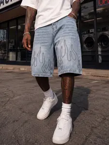 Men's Light Blue Flame Rhinestone Denim Shorts, Tag Size XS-W30 to XXL-W40, Non-Stretch Loose Fit Streetwear Jorts