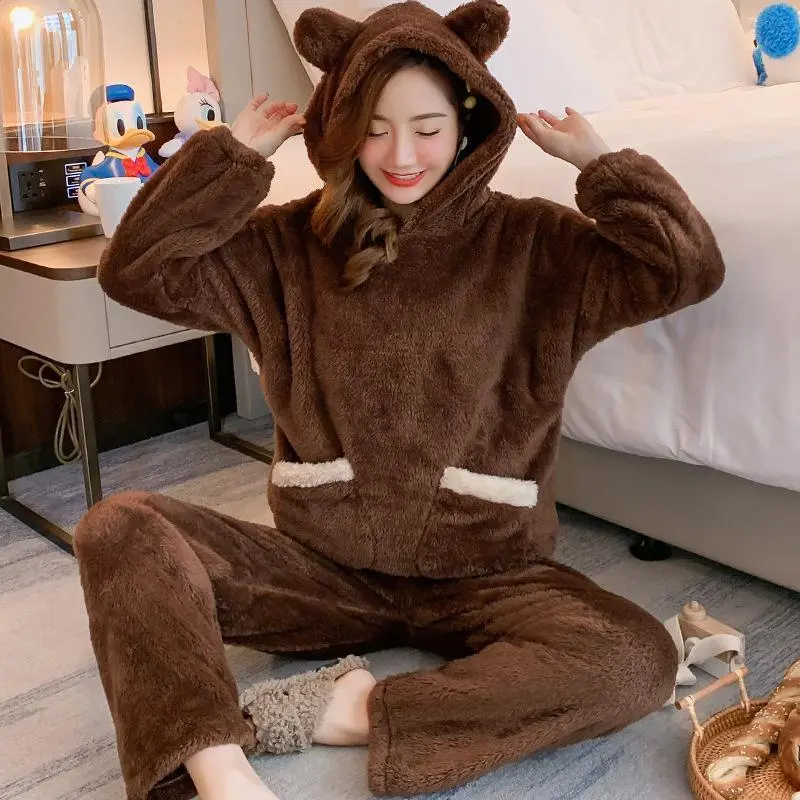 Women's Autumn Winter Thick Plush Hooded Bear Cartoon 1-Size Loose-Fitting Loungewear Set with Pyjama Bottoms, Warm Flannel Homewear Sleepwear
