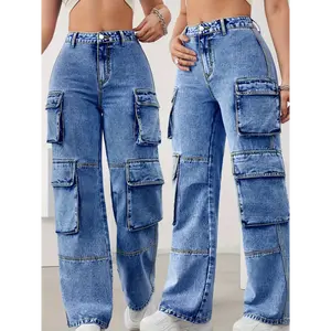 Plus Size High-Waist Cargo Jeans with Stretch Denim, Multi-Pocket Design, Casual Wide Leg Pants for All Seasons