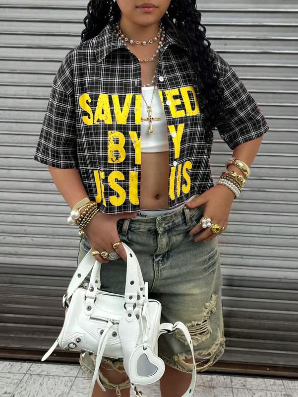 Y2K Style Plaid Button Down Crop Top Blouse for Women Vintage Streetwear Retro Fit Short Sleeve Graphic Design Saved By Jesus