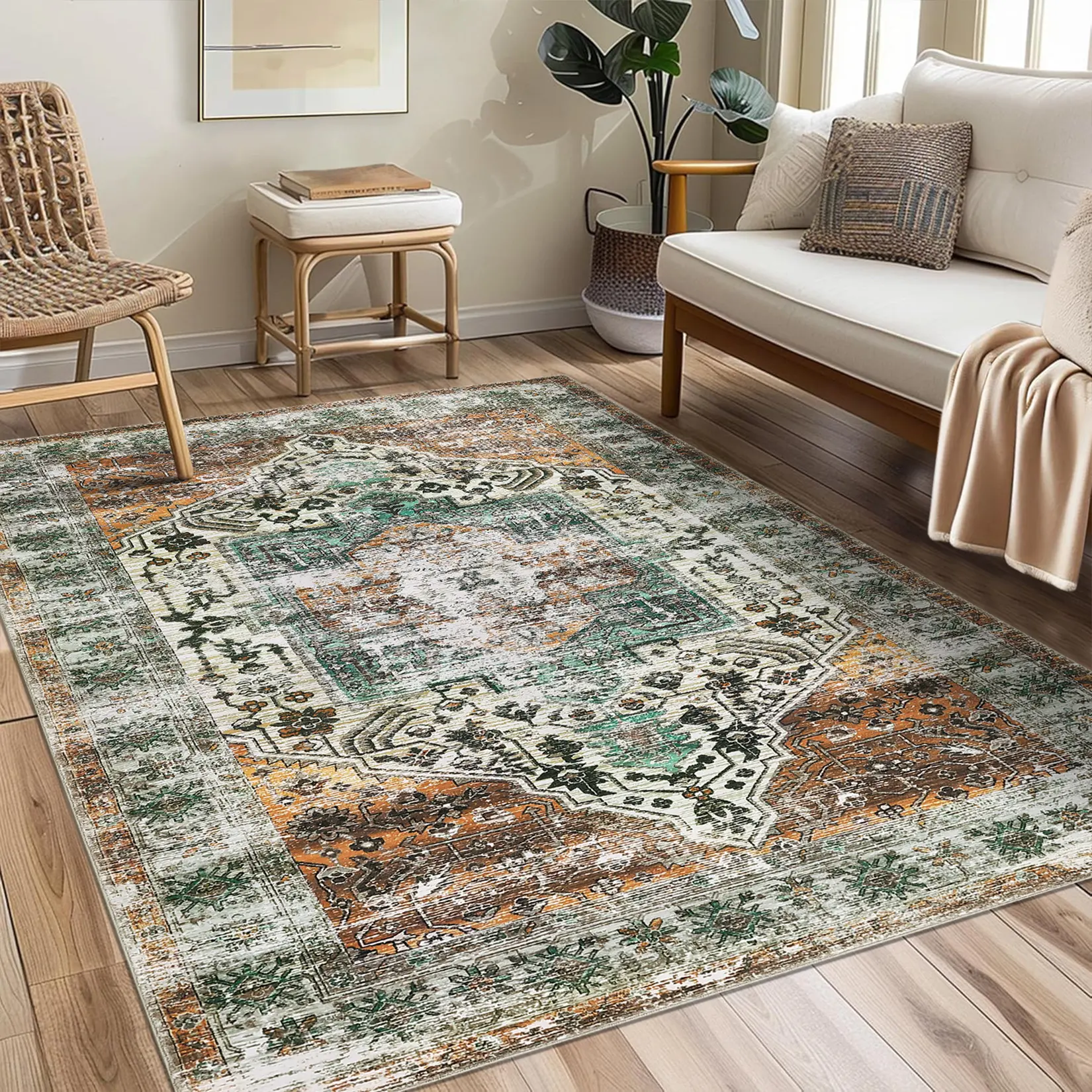 Living Room Area Rugs Indoor Vintage Boho Rug Traditional Washable Rug For Dining Room Floral Print Retro Carpet Hallway Runner Kitchen Floorcover Mat