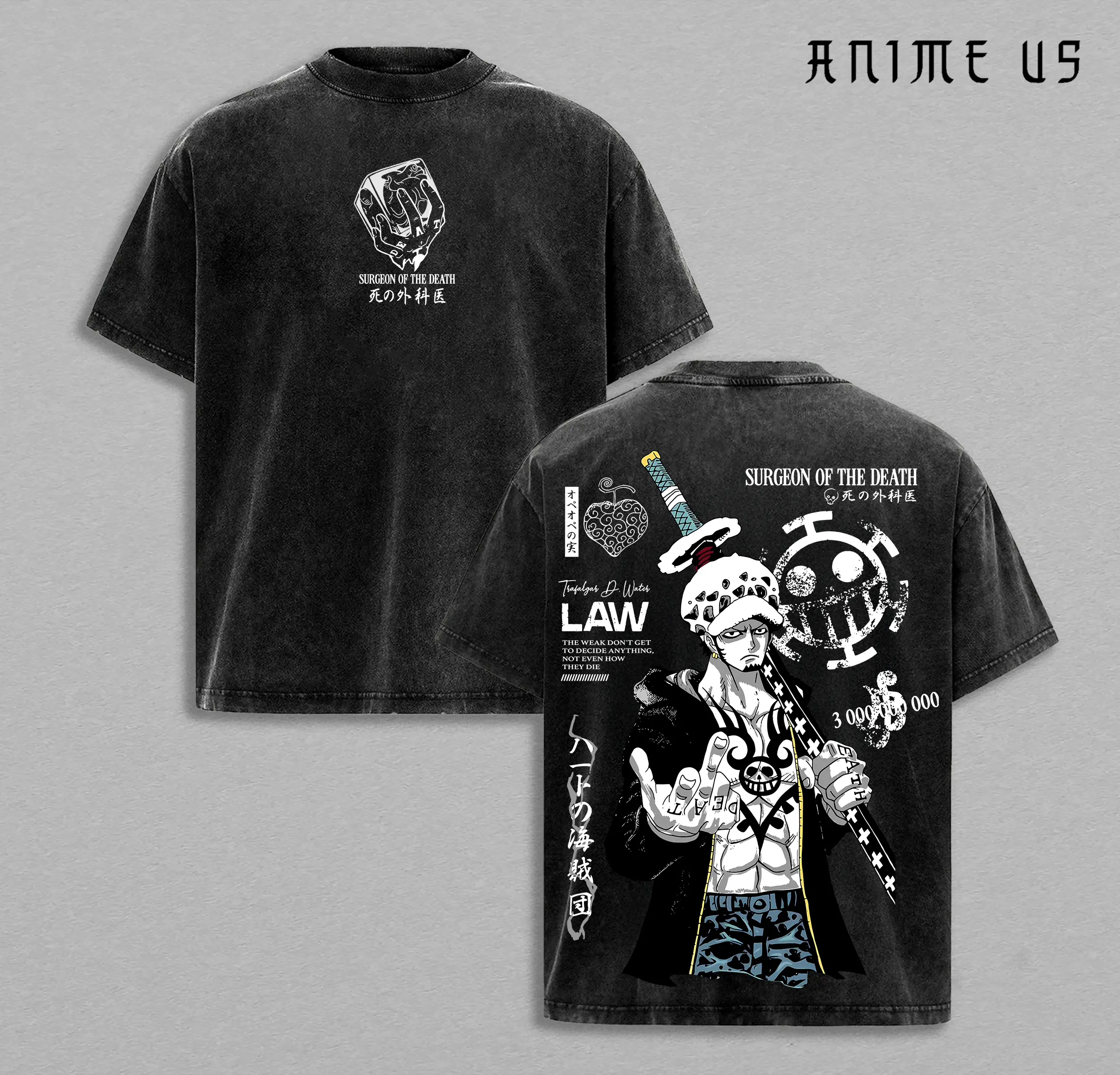 Trafalgar D. Law One Piece T-Shirt Menswear Top Underwear Heavy Cotton Vintage Washed Tee Double Printed Oversize Anime Manga Unisex Shirt
