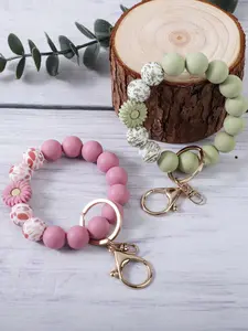 Bohemian Floral Beaded Wristlet Keychain, Macaron Color Silicone Bead Wristlet Phone Strap, Vintage Floral 3D Decor Key Organizer Bracelet, Keychain Jewelry