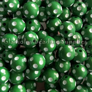 16mm Dark Green Polka Beads, Green Color, Resin, Loose, Chunky, Round, Gumball, Crafting Supplies
