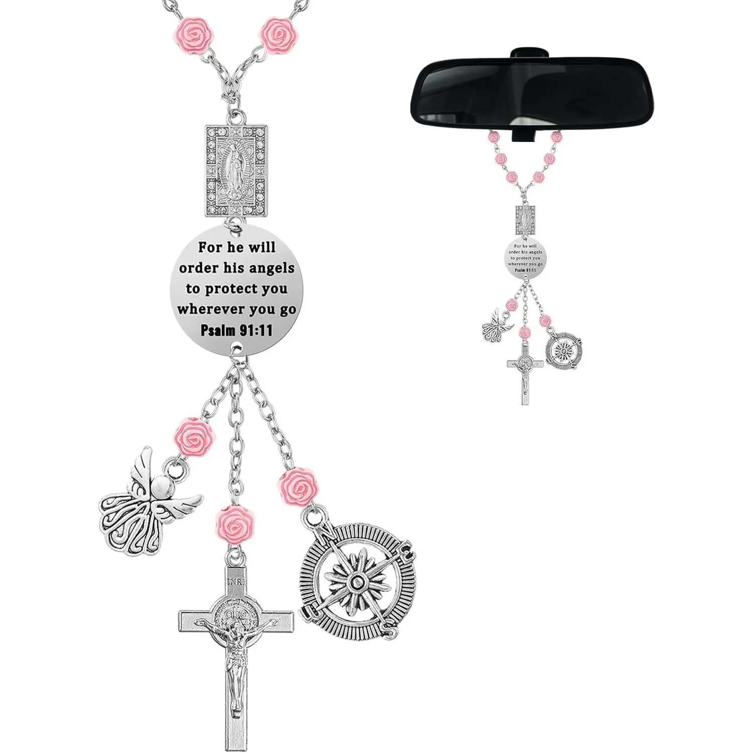 Car Rearview Mirror Rosary Charm - 7.87 Inches Adjustable Length, Psalm 91:11 Scripture, Angel Guardian Religious Gift for New Drivers, Birthday Gift for Women, Car Interior Decoration, Car Rosary