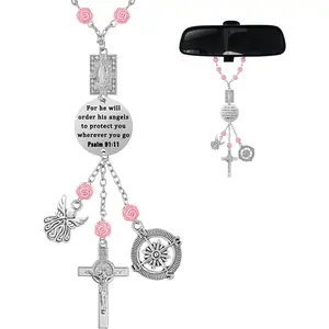 Car Rosary for Rearview Mirror Cross Car Charm Rosary for Mirror Hanging Psalm 91: 11 Bible Verse Charm Bracelets Religious Gifts New Driver Guardian Angel Gift for Women