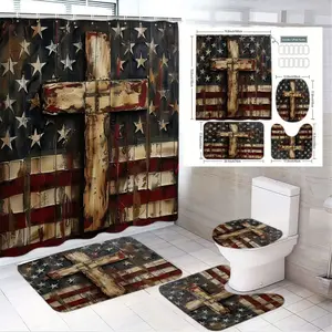 1/4pcs Rustic American Flag Cross Shower Curtain Set - Toilet Lid Cover & 2 Bath Mats, Distressed Wood Cross on Red White Blue Flag, Patriotic Religious Bathroom Decor, Bathroom Accessory, Perfect for Independence Day, Memorial Day, Restroom