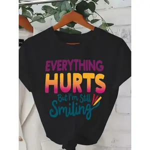 Plus Size - Plus Size - 0-8XL Plus Size Casual Fashion Printed T-Shirt for Women, Trendy Base Layer for Daily Outings, Unique Style Suitable for All Seasons, Comfortable Fit, Featuring a Humorous Quote "Everything Hurts