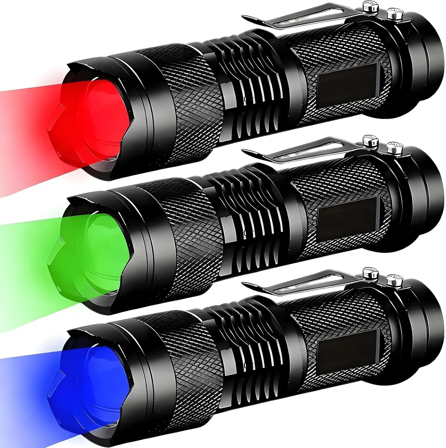 3 Pack Red Green Blue Light Bright Small Flashlights, LED Mini Flashlight High Lumens Pen Light with 3 Modes, Zoomable Torch with Clip, Flashlight for Camping,Outdoor,Emergency