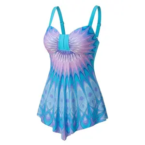 Women's Plus Size 1-Piece Slimming Swimdress Swimsuit Tummy Control, Gradient Peacock Print, Tie Knot, High-Stretch Elastane Fabric, Flowy Minimalist Design, Pool Ready for Beach Vacation, Swimsuits Tummy Control,summervibes outdoorfun