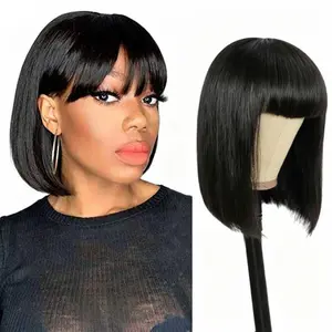 Megeen Hair Human Hair Bob Wig, Brazilian Straight Human Hair Wigs P4/27 Color With Bangs, 150% Density None Lace Front Wigs Glueless Machine Made Wigs For black Women