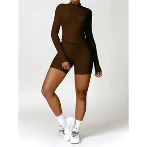 Two-piece Set Women's Solid Color Zip Up Jacket & High Waist Skinny Shorts Sportswear Set, Sporty Breathable Quick Drying Outfits for Yoga Gym Workout Running, Ladies Sportswear for All Seasons, Soccer Mom Outfit, Athletic Wear, Gym Wear, Tracksuit Set