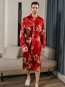 Men's Long Sleeve Pajama Set, Dragon Pattern Comfortable Sleepwear, Ideal Birthday Gift, Unique Design for Daily and Hotel Wear
