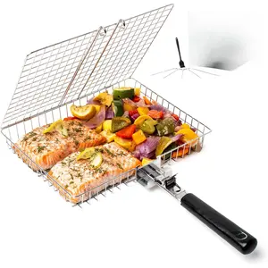 Grill Basket Set, Barbecue BBQ Grilling, Stainless Steel Folding Portable Outdoor Camping Rack for Fish, Shrimp, Vegetables, Cooking Accessories, Gifts for Dad, husband, Friends