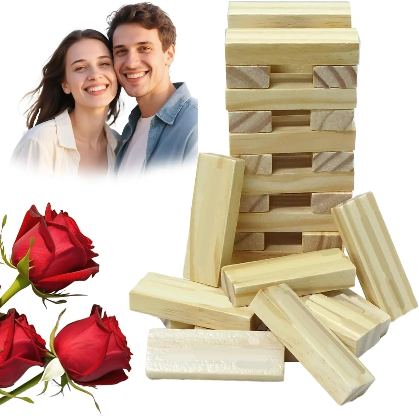 48-Piece Wooden Tower Stack Game - Smooth-Edged Block Set with Storage Bag, Ideal for Couple Intimacy Gifts, Party Prank Supplies