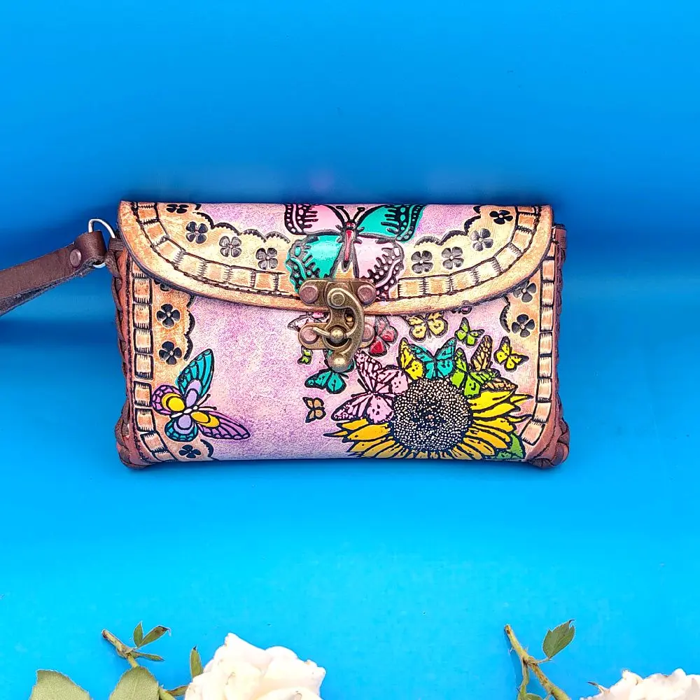 Hand-Painted Natural Leather Bag, Mexican Art Design