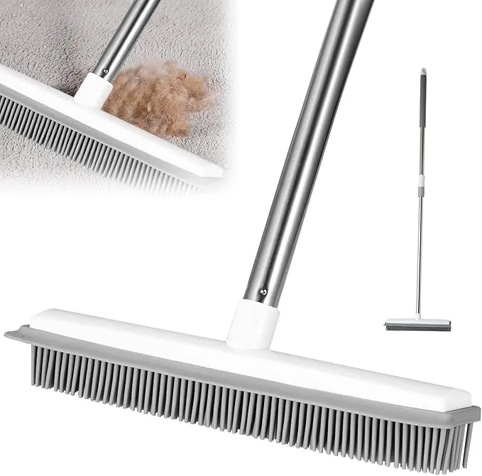 2-in-1 Steel Brush Magic Rubber Broom Push Sweeper Brooms with Squeegee - Adjustable Long Handle, Pet Hair & Water Cleaner, Multipurpose for Hardwood, Tile, Home Use, Easy Rinse & Reuse