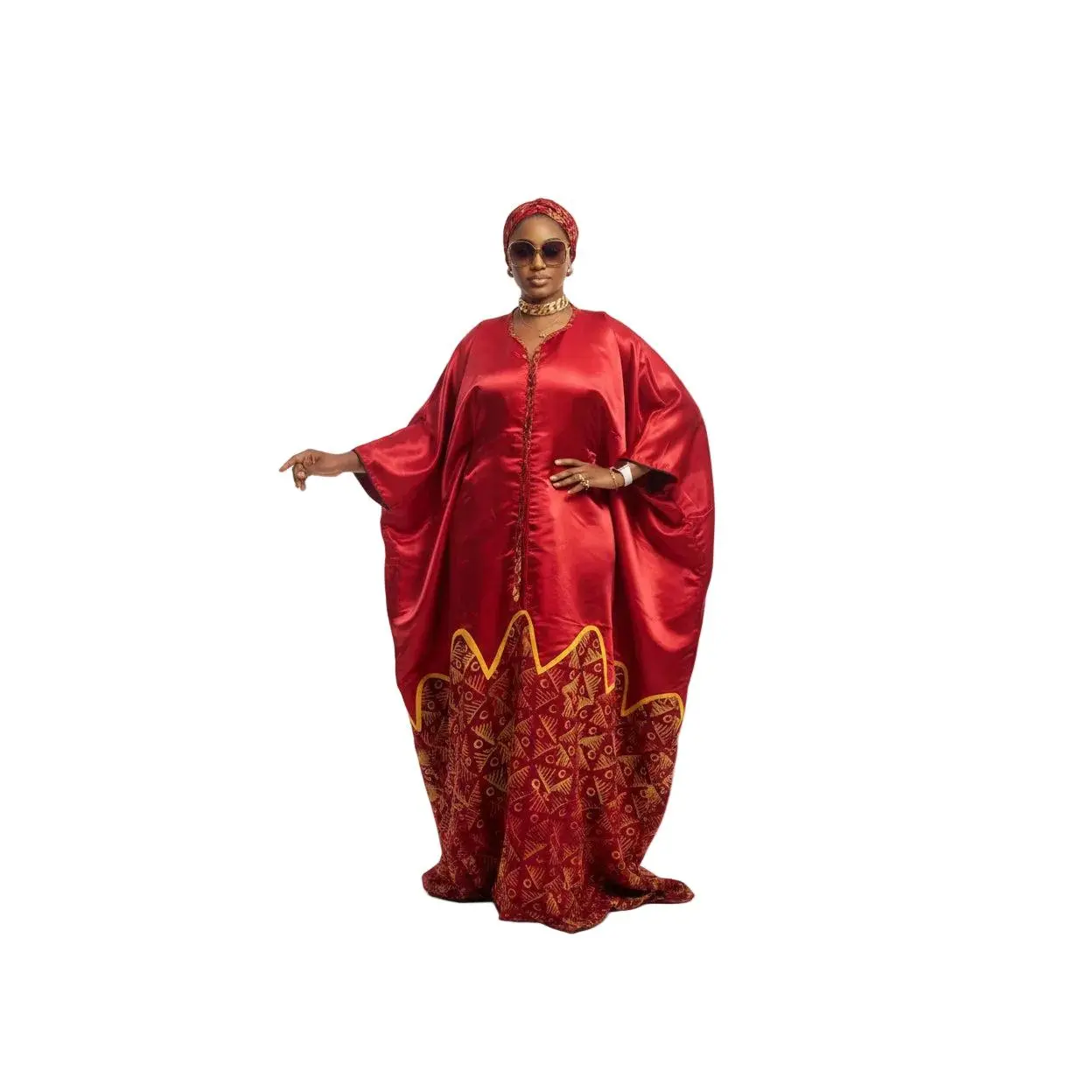 AURELIA FIRE Luxury Satin African Boubou Kaftan Maxi Dress With African Print Hem Panel and Matching Headwrap
