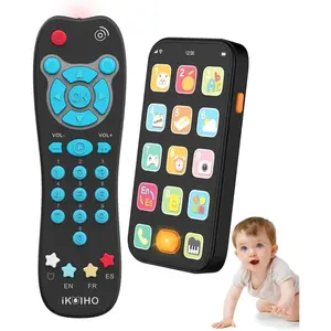 Toy Phone Baby Remote Control Toy Set, Play Phones TV Remote Control with Music Light for 6+ Months, Early Learning Baby Toys Gift for 1 Year Old Boys Girls Toddler Infant Kids, English/Spanish, Blue