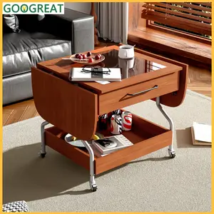 Modern Extended Coffee Table with Wheels, Folding Coffee Table with 1 drawer and 2-Tier Storage, Metal Frame Wood Coffee Table for Living Room