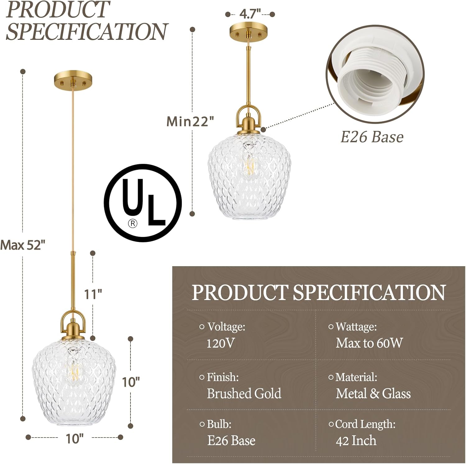Brushed Gold Pendant Lights Kitchen Island, 10" Large Glass Pendant Light with Hammered Glass Modern Hanging Lighting Fixtures for Kitchen Island Dining Room Entryway Foyer
