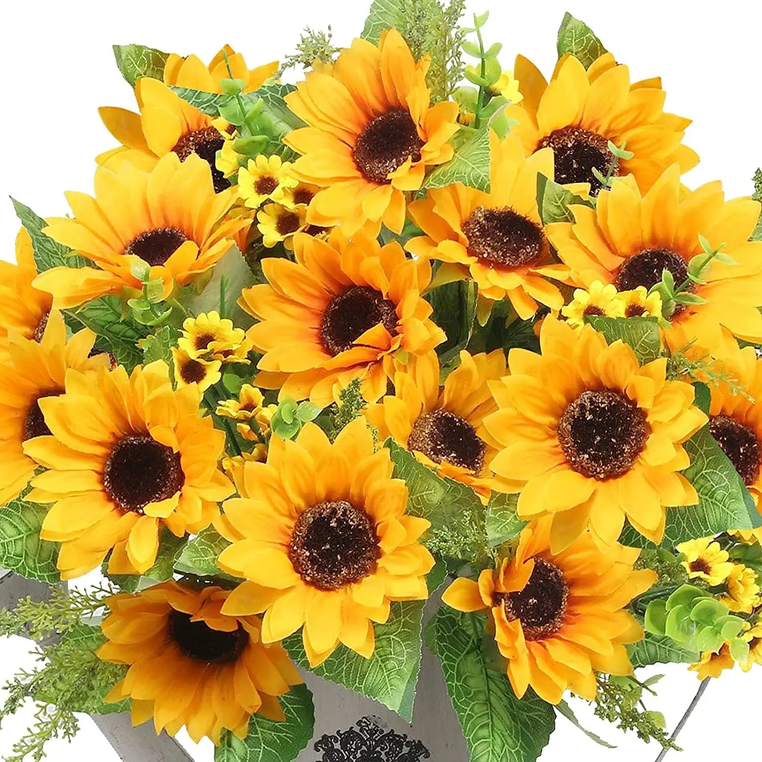 Giant Reusable Eco-Friendly UV-Resistant Plastic Artificial Sunflowers Decorative Ornaments - 2 Bunches (4-Inch Heads, 14 Large Blooms, 17.7 in Silk Bouquets) for Outdoor Garden, Fall Decor, Sunflower Theme DIY Projects