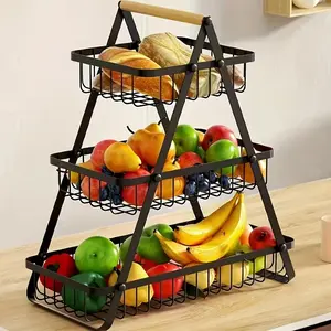3-Tier Countertop Fruit & Vegetable Basket, Metal Wire Storage Rack with Bamboo Handle, Multi-Functional Organizer for Spices, Jars & Kitchen Tools