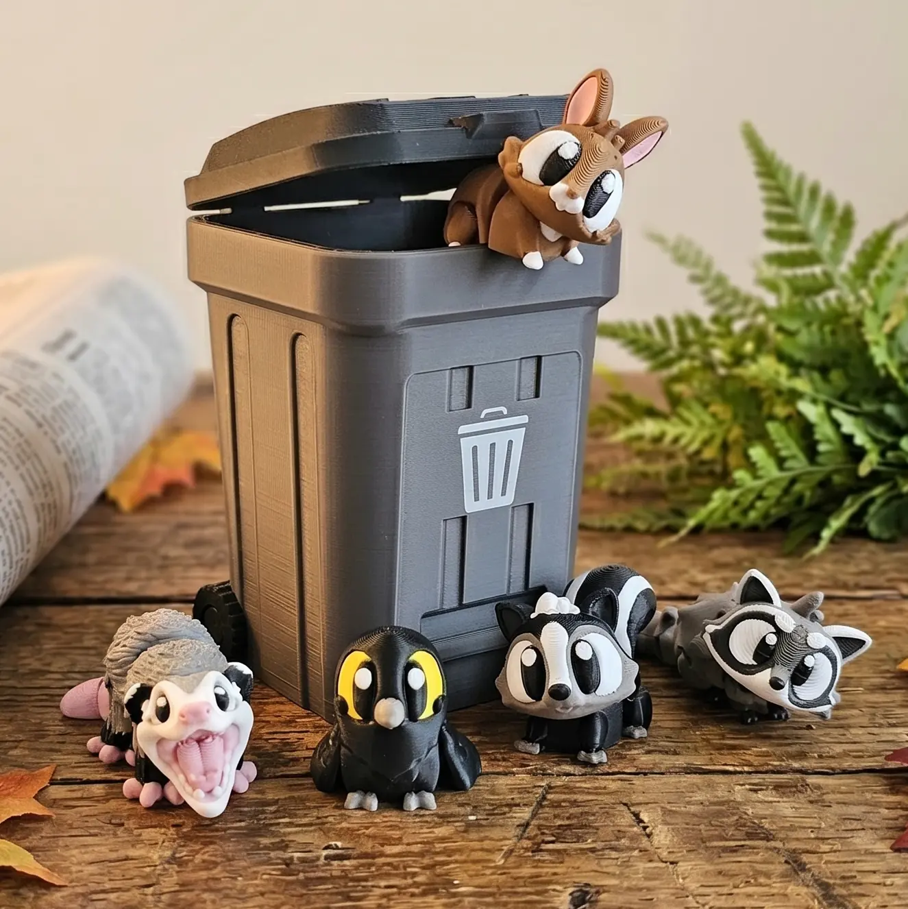 Designs On Draft Bin Bandits 5-Piece 3D Printed Mini Suburban Trash Animal Fidget Figurines Set - Raccoon, Opossum, Storage Trash Bin, Tactile Sensory Office Desk Accessories, Coworker Gifts