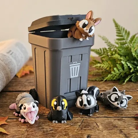Designs On Draft Bin Bandits 5-Piece 3D Printed Mini Suburban Trash Animal Fidget Figurines Set - Raccoon, Opossum, Storage Trash Bin, Tactile Sensory Office Desk Accessories, Coworker Gifts