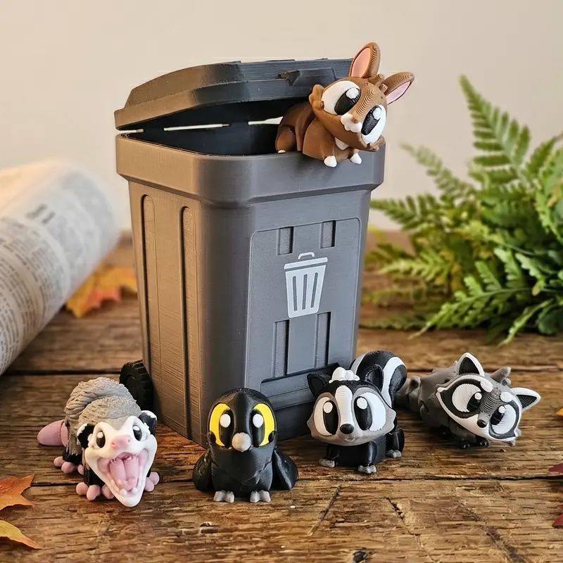 Designs On Draft Bin Bandits 5-Piece 3D Printed Mini Suburban Trash Animal Fidget Figurines Set - Raccoon, Opossum, Storage Trash Bin, Tactile Sensory Office Desk Accessories, Coworker Gifts