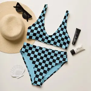 Women Baby Blue Black Checkered Bikini Set High Waist Y2K Retro Racing Flag Print Two Piece Swimsuit Summer Beach Festival Vacation Sunbathing Cute Trendy Aesthetic Swimwear Her