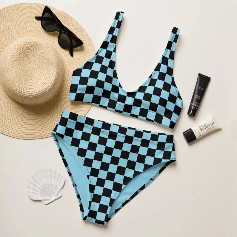 Women Baby Blue Black Checkered Bikini Set High Waist Y2K Retro Racing Flag Print Two Piece Swimsuit Summer Beach Festival Vacation Sunbathing Cute Trendy Aesthetic Swimwear Her