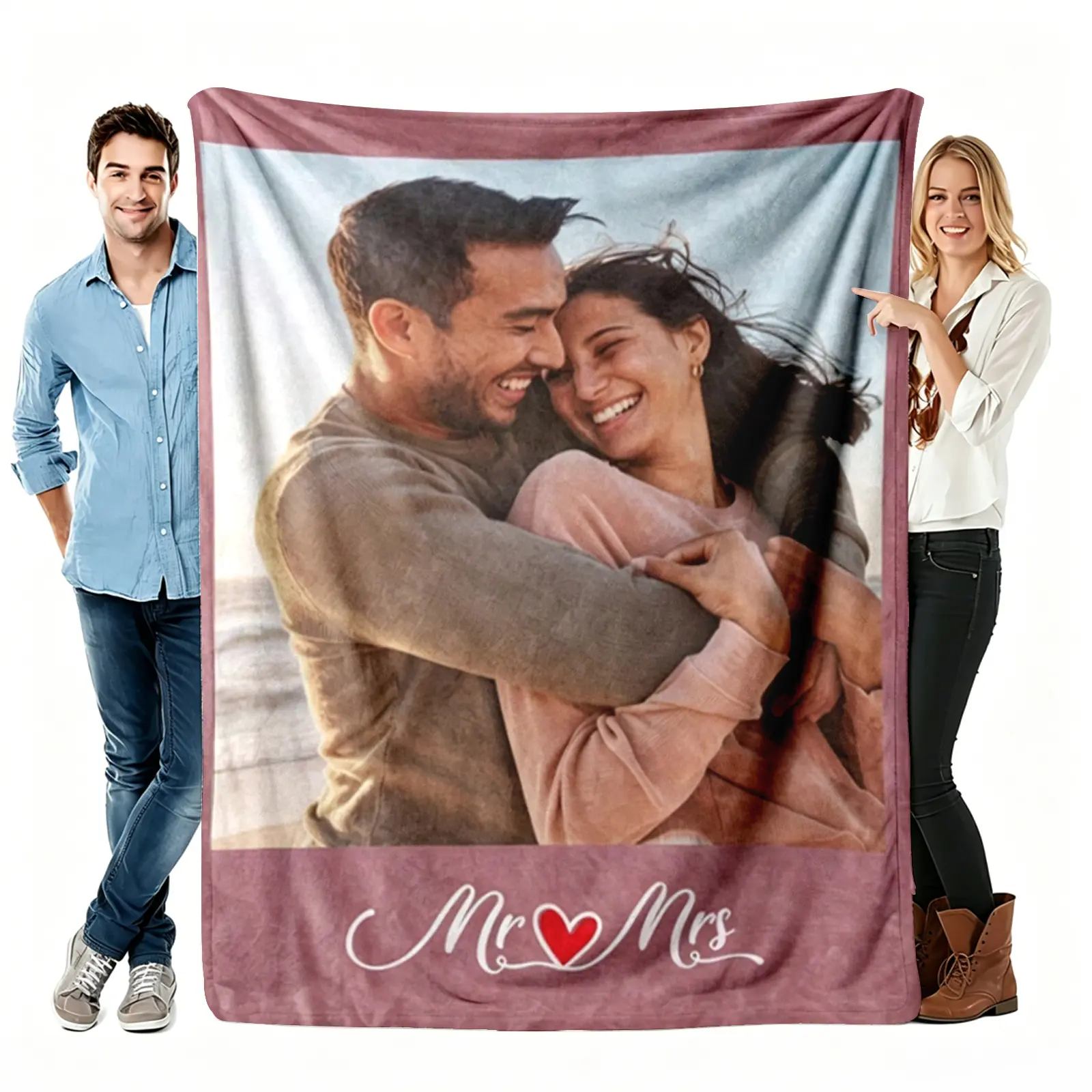 Personalized Picture Cuddle Blanket - Custom Photo Lightweight Flannel Bed Blanket, Cozy Throw, Heartfelt Gift for Mr and Mrs Wedding Anniversary, Bridal Shower Home Decor