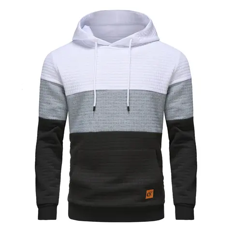Men's Sweatshirts Long Sleeve Pullover Patchwork Plaid Jacquard Hoodie Casual Drawstring Hoody Top Breathable Sportswear with Kangaroo Pocket & Adjustable Drawstring