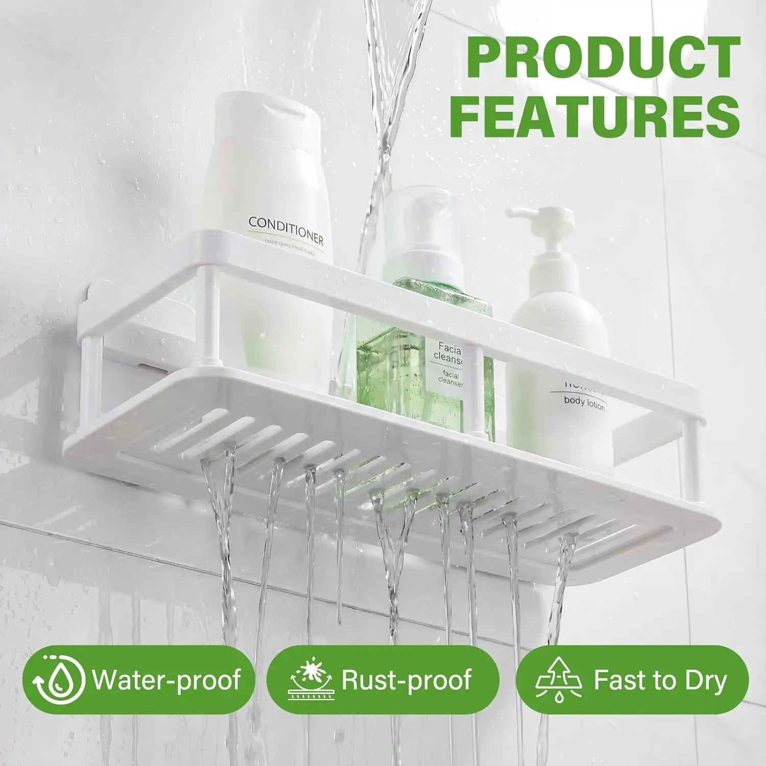Self-Adhesive Bathroom Shelves, Drill-Free Shower Caddy with Hook, 2 Pack Black Wall Storage Basket for Shower & Home