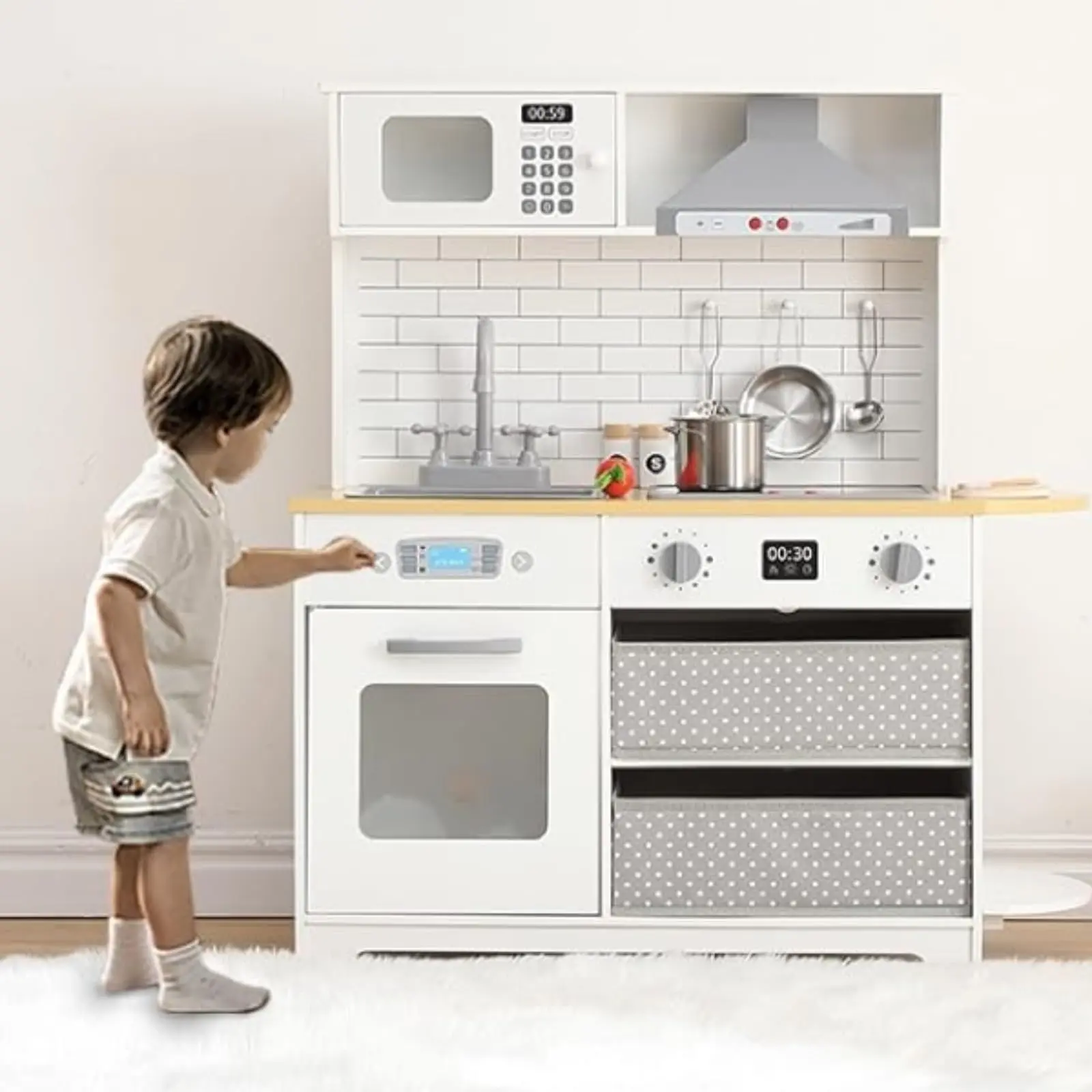 GARVEE Modern Wooden Play Kitchen for Toddlers with 33.4'' Size, Toy Storage System, Play Features, and Cookware Accessories - Ideal for Pretend Play Ages 3 and Up, White Finish