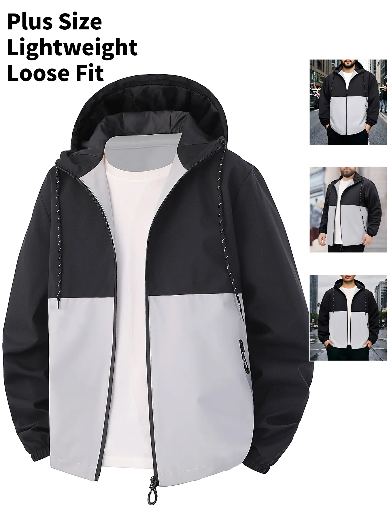 Men's Plus Size Hooded Jacket Spring Autumn New Colorblock High-Quality College Style Baseball Workwear Thin Casual Fashionable Jacket Flight Coat