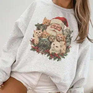 Retro Santa Claus & Kittens Christmas Winter Sweatshirt - 90s Old Saint Nick Gift For Cat Lovers Outfit - Boho Unisex Crewneck Sweatshirt