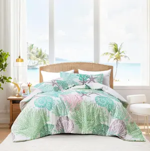 Coastal Comforter Set  Size 3 count, Soft Beach Themed Comforter,  Nautical Lightweight Bedding Sets for All Seasons, (1 Reversible Comforter and 2 Pillow Shams), 90''x90'', C5