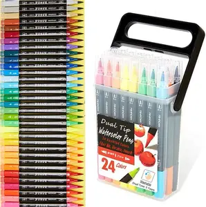 Dual Tip Markers Set 24 Colours Washable Art Markers with Stand Portable Box Gift for Artists