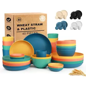 Wheat Straw Dinnerware Sets 40 count, Kitchen Plates and Bowls Set, Unbreakable Dishes Set for 8, Microwave and Dishwahser Safe Dishware Sets for , Camping, RV, Party - Multi