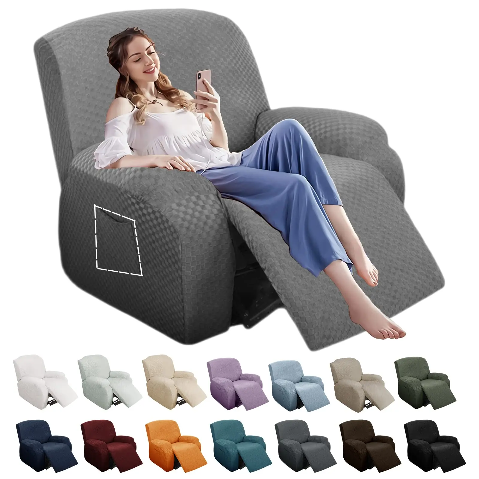 YSTYLE 4 Pieces Stretch Recliner Slipcover Latest Jacquard Recliner, Chair Cover with Side Pocket Anti-Slip Fitted Recliner Cover Couch Furniture Protector with Elastic Bottom