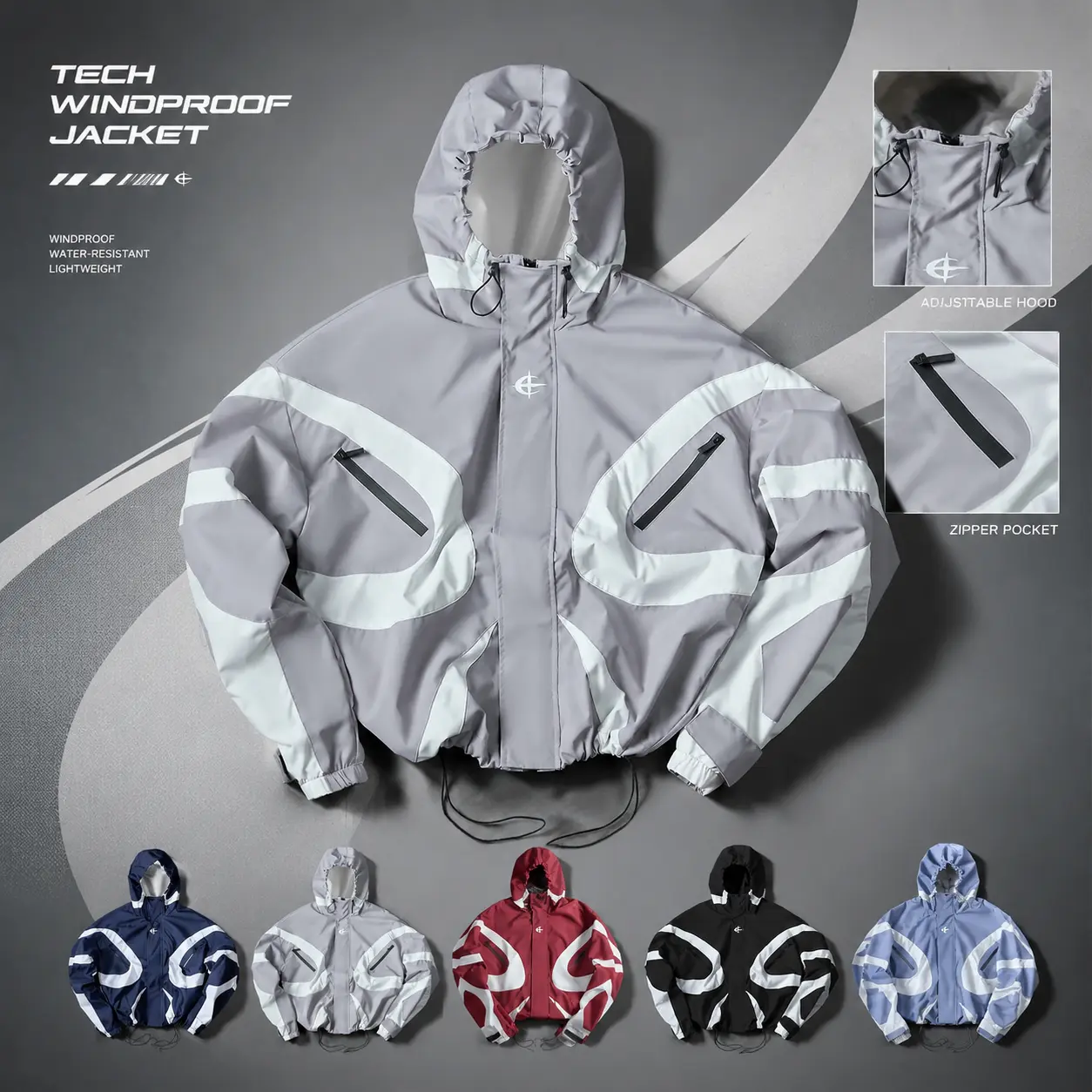 Men’s American-style trendy hooded jacket for spring and autumn, adjustable drawstring hood, loose fit, street-fashion casual windbreaker