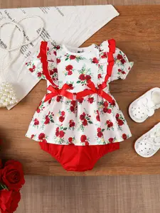 Baby Girl Summer Rose Print Short Sleeve Bodysuit with Bow, Newborn Birthday and Photography, Breathable Triangular Infant Onesie for Daily Wear, Baby Girl Clothes