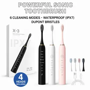 X-3 Powerful Sonic Toothbrush IPX7 Waterproof DuPont Bristles 6 Modes USB Rechargeable with 4 Brush Heads for Whitening & Gum Care