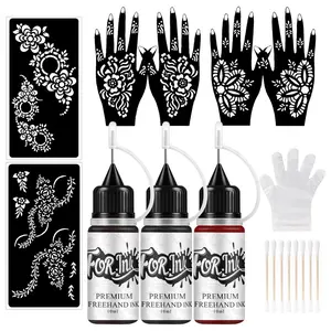 DIY Tattoo Freehand Ink Semi Permanent Set, 1 Set Cosmetic Long-lasting Waterproof Body Temporary Tattoo Ink & Reusable Stencils & Tool Accessories, Body Art Kit for Parties & Trends, Halloween