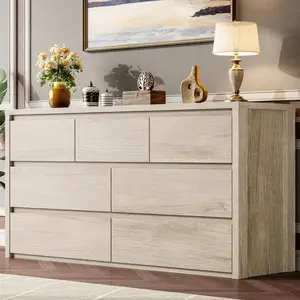 Modern 7 Drawer Wooden Dresser, Wide Minimalist Chest of Drawers for Bedroom or Living Room